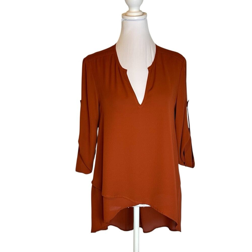 Karen Kane Top Size XS Dark Copper Brown High Low Crossover Hem Flowy Crepe